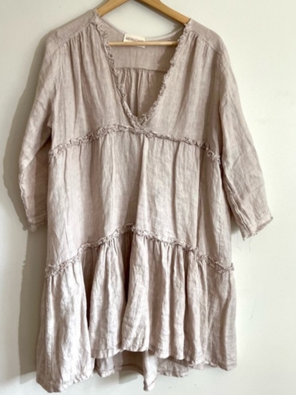 Relaxed Linen V-Neck Raw Tiered Tunic  Babydoll Dress in Neutral Sand Beige L - Picture 5 of 5